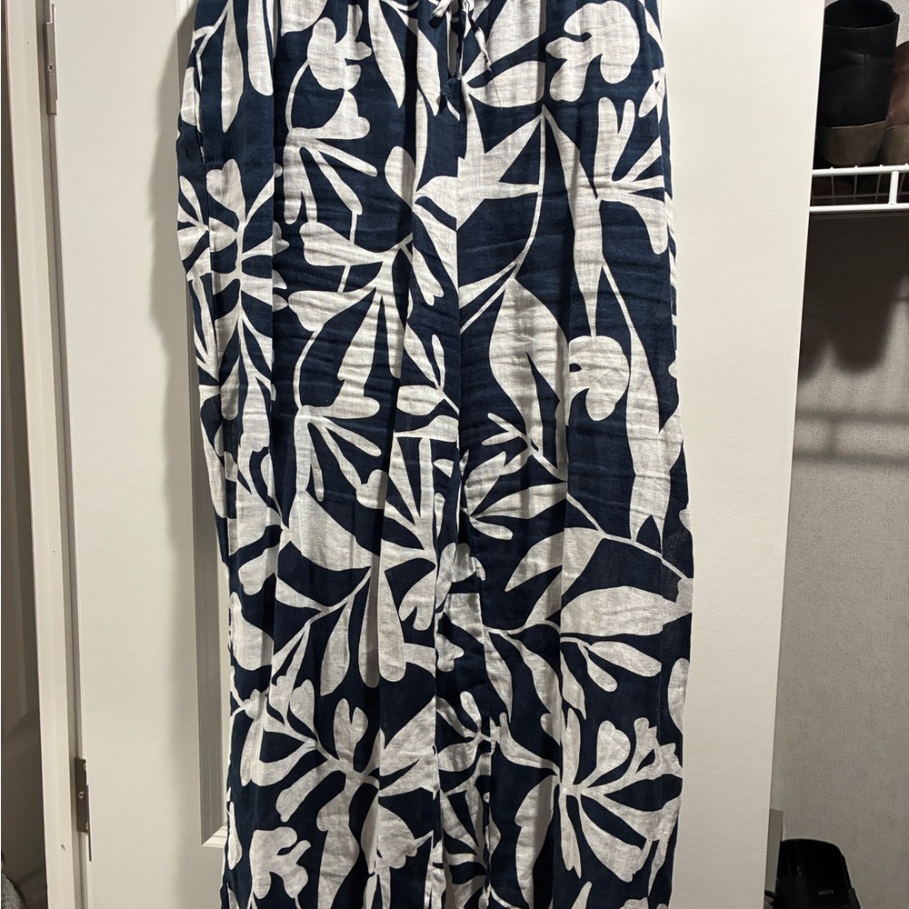 Navy and White Leaf Print Maxi Skirt